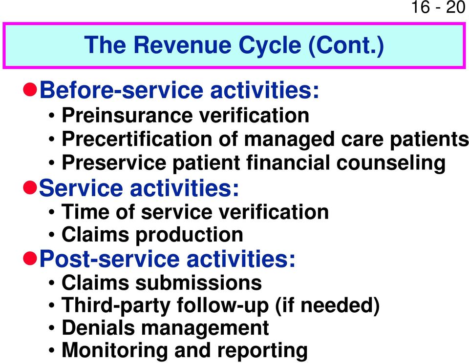 patients Preservice patient financial counseling Service activities: Time of service