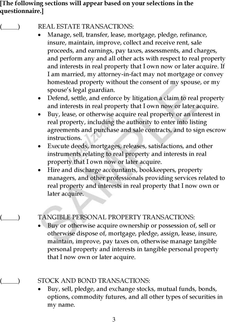 charges, and perform any and all other acts with respect to real property and interests in real property that I own now or later acquire.