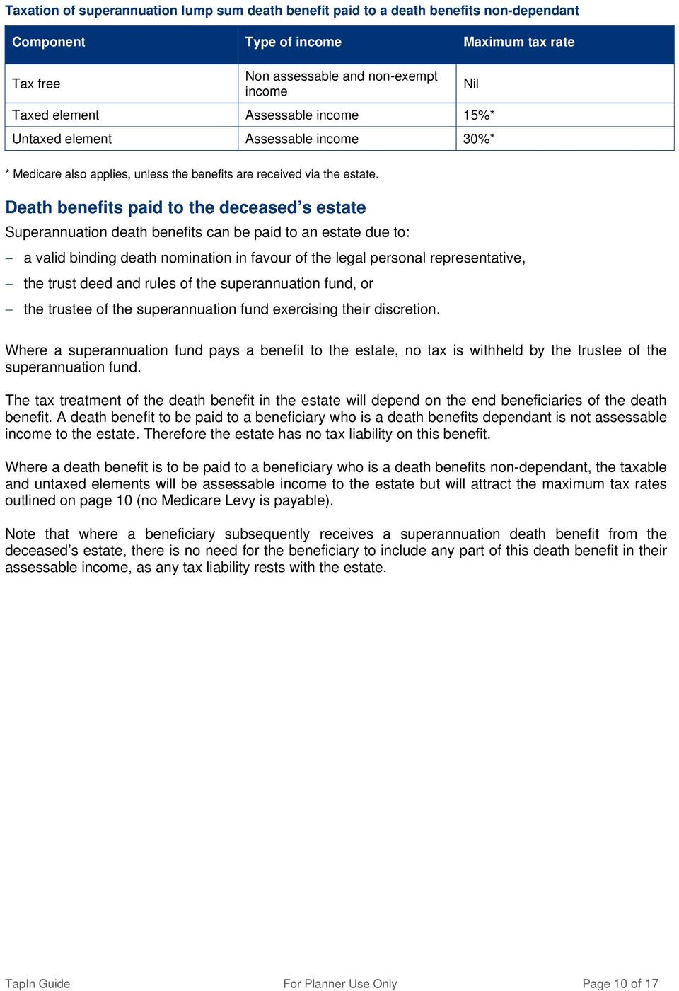 Death benefits paid to the deceased s estate Superannuation death benefits can be paid to an estate due to: a valid binding death nomination in favour of the legal personal representative, the trust