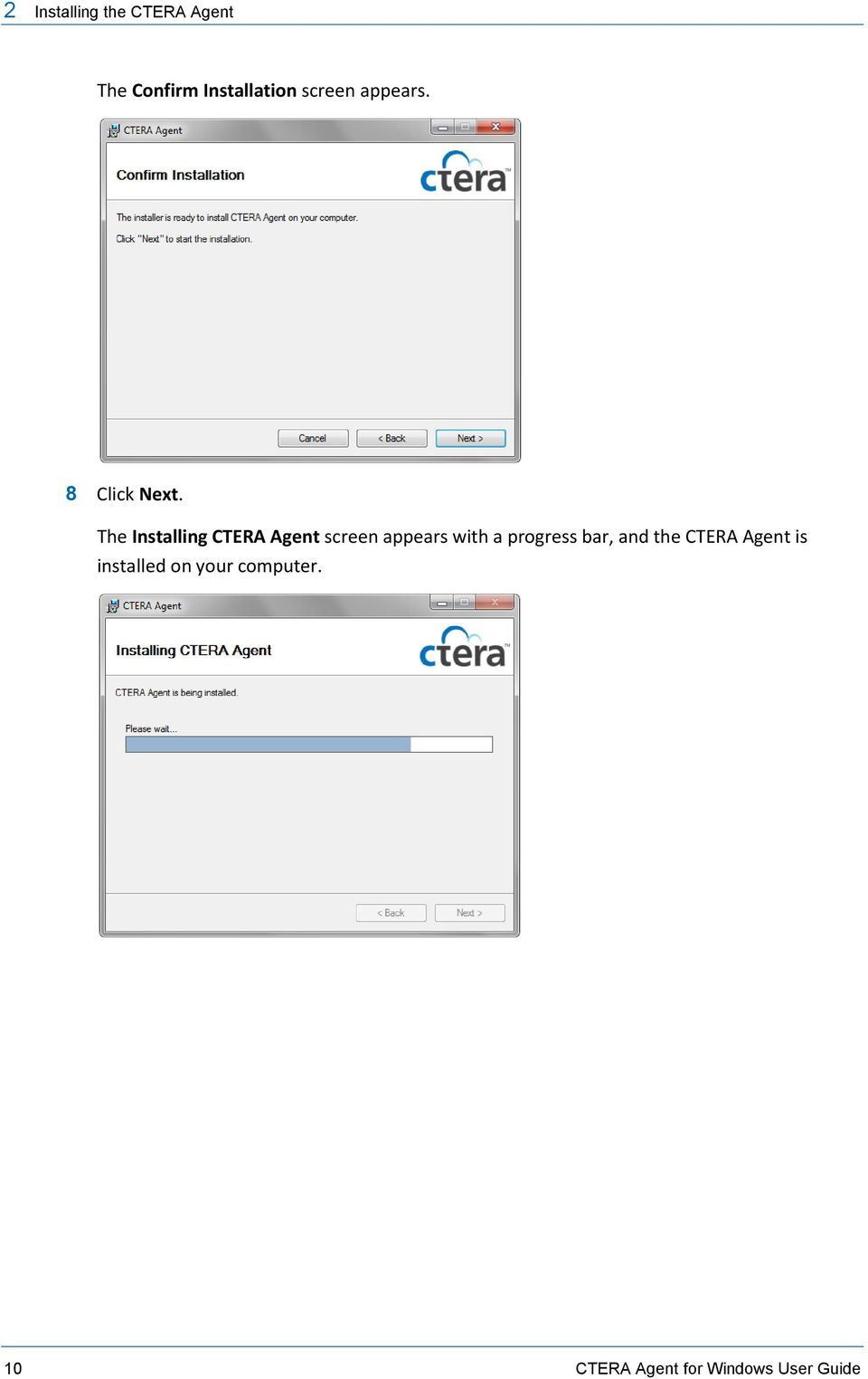 The Installing CTERA Agent screen appears with a progress
