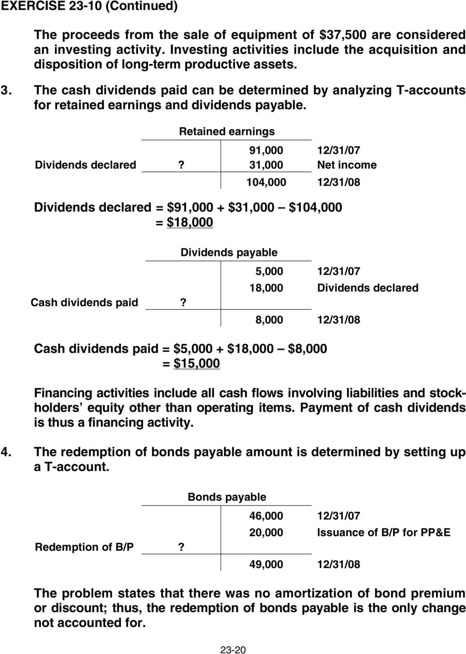The cash dividends paid can be determined by analyzing T-accounts for retained earnings and dividends payable. Retained earnings 91,000 12/31/07 Dividends declared?