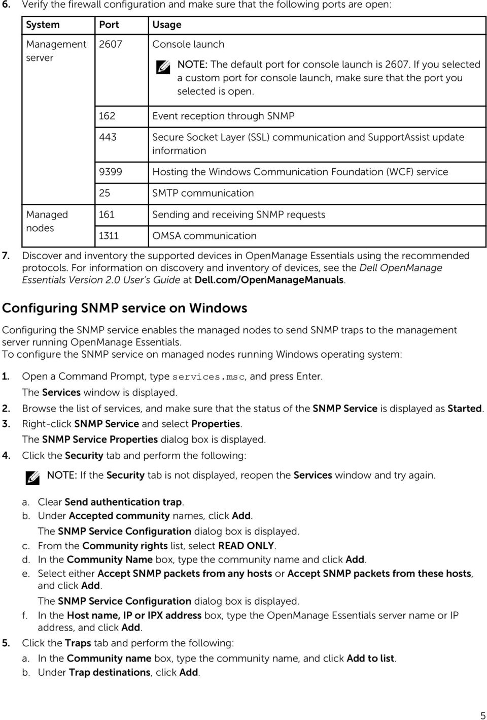 162 Event reception through SNMP 443 Secure Socket Layer (SSL) communication and SupportAssist update information 9399 Hosting the Windows Communication Foundation (WCF) service 25 SMTP communication