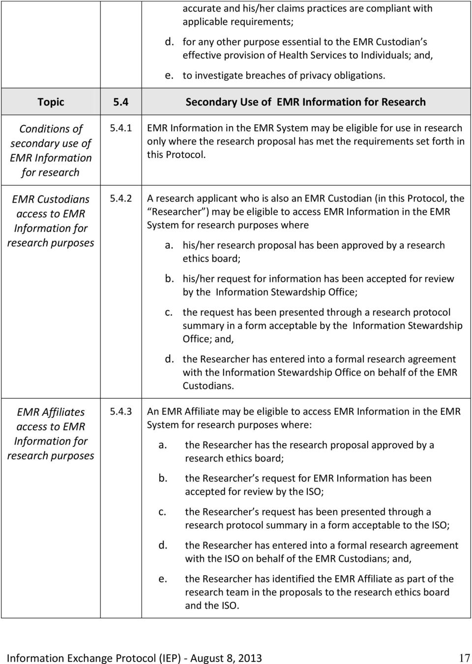 4 Secondary Use of EMR Information for Research Conditions of secondary use of EMR Information for research EMR Custodians access to EMR Information for research purposes EMR Affiliates access to EMR
