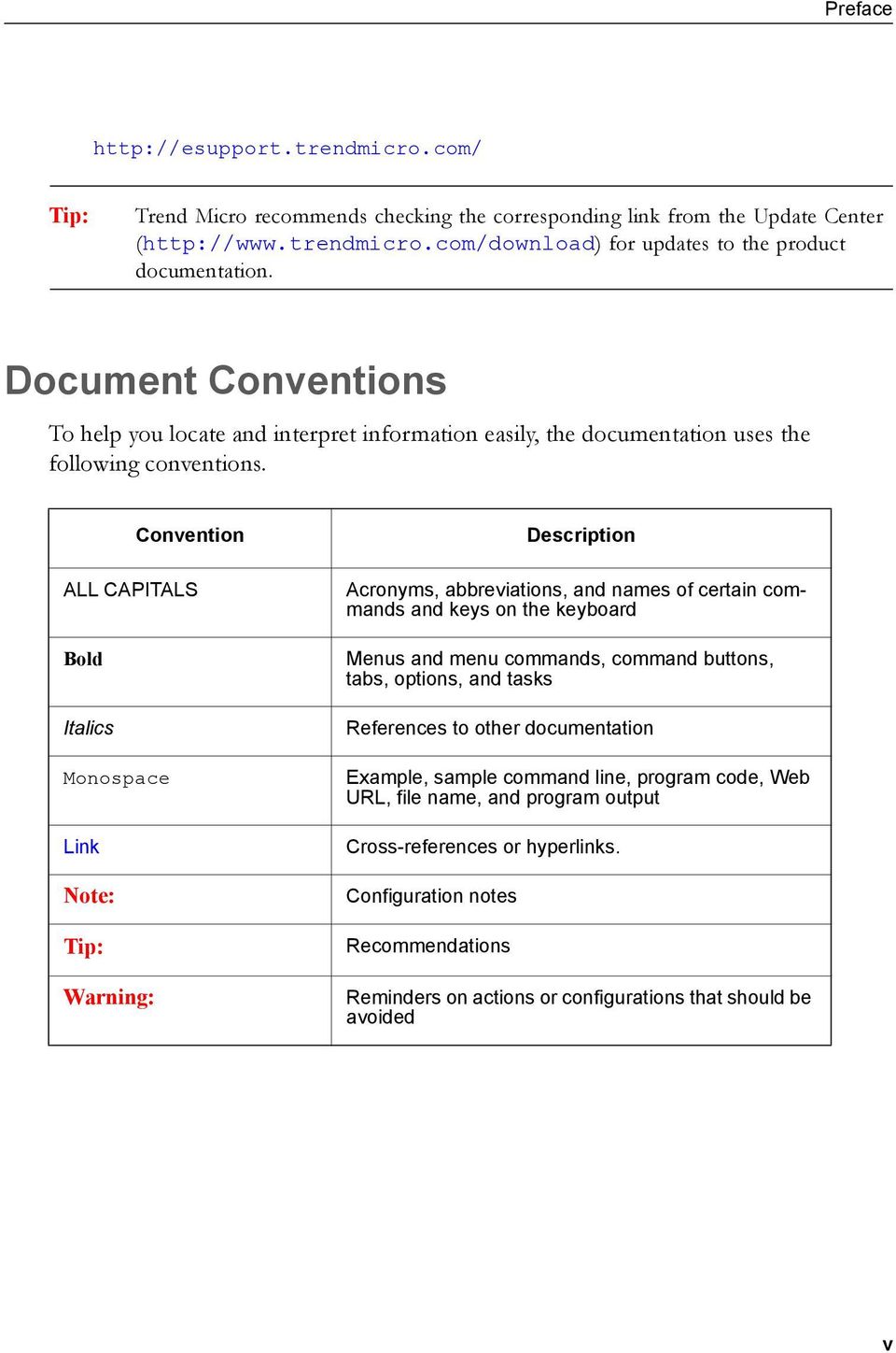 Convention ALL CAPITALS Bold Italics Monospace Link Tip: Warning: Description Acronyms, abbreviations, and names of certain commands and keys on the keyboard Menus and menu commands, command buttons,