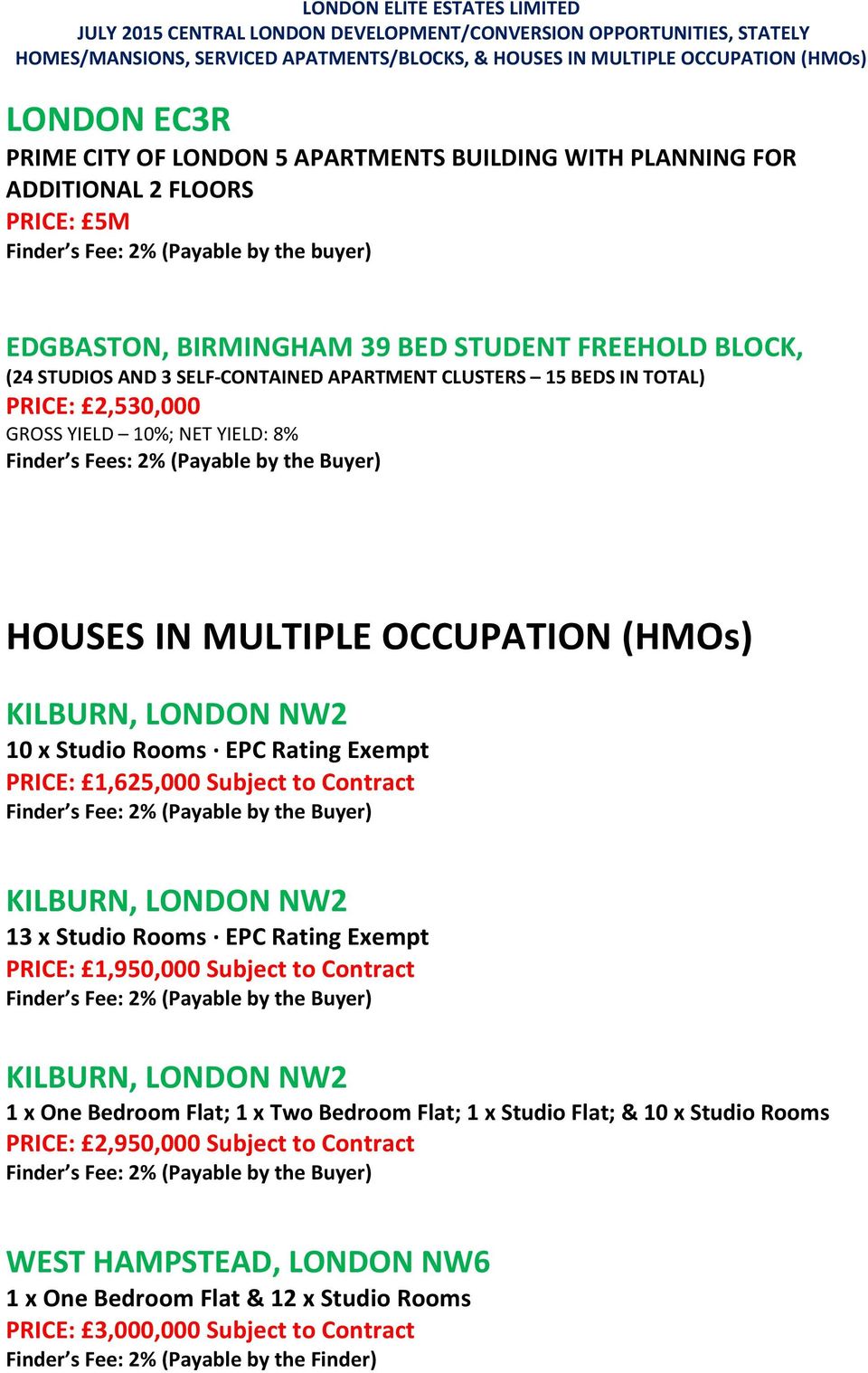 Rating Exempt PRICE: 1,625,000 Subject to Contract KILBURN, LONDON NW2 13 x Studio Rooms EPC Rating Exempt PRICE: 1,950,000 Subject to Contract KILBURN, LONDON NW2 1 x One Bedroom Flat; 1 x Two