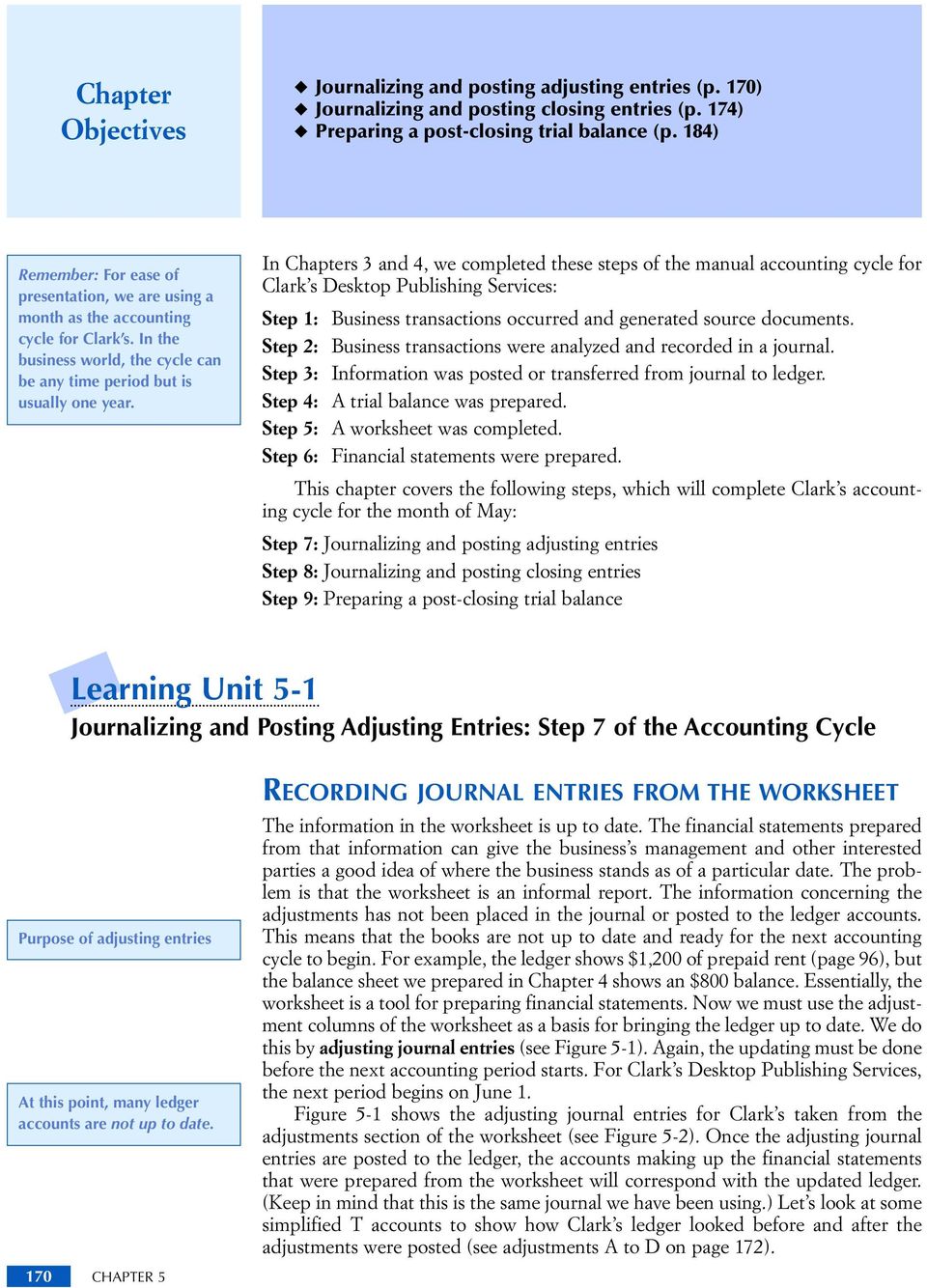 In Chapters 3 and 4, we completed these steps of the manual accounting cycle for Clark s Desktop Publishing Services: Step 1: Business transactions occurred and generated source documents.