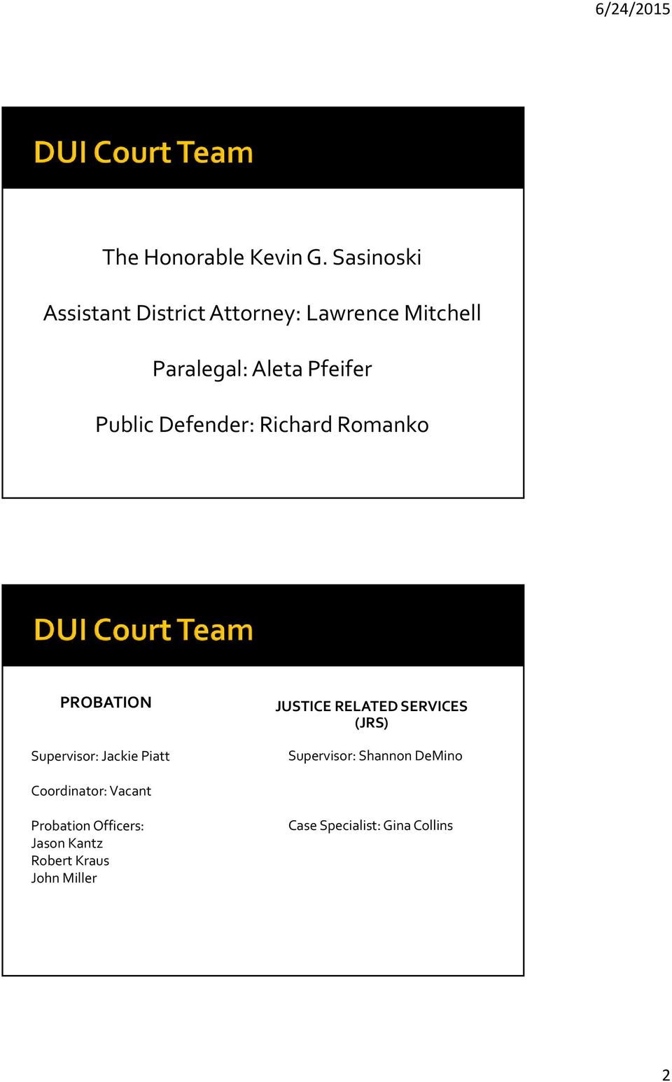 Public Defender: Richard Romanko PROBATION Supervisor: Jackie Piatt JUSTICE RELATED
