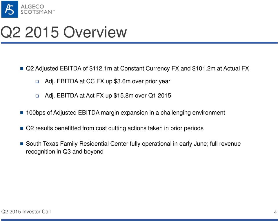 8m over Q1 2015 100bps of Adjusted EBITDA margin expansion in a challenging environment Q2 results benefitted from