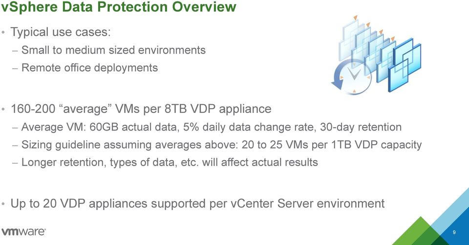 rate, 30-day retention Sizing guideline assuming averages above: 20 to 25 VMs per 1TB VDP capacity Longer