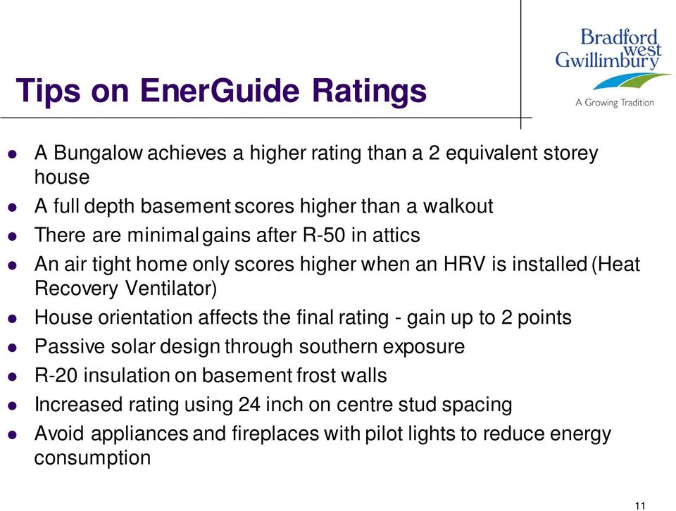 House orientation affects the final rating - gain up to 2 points Passive solar design through southern exposure R-20 insulation on basement