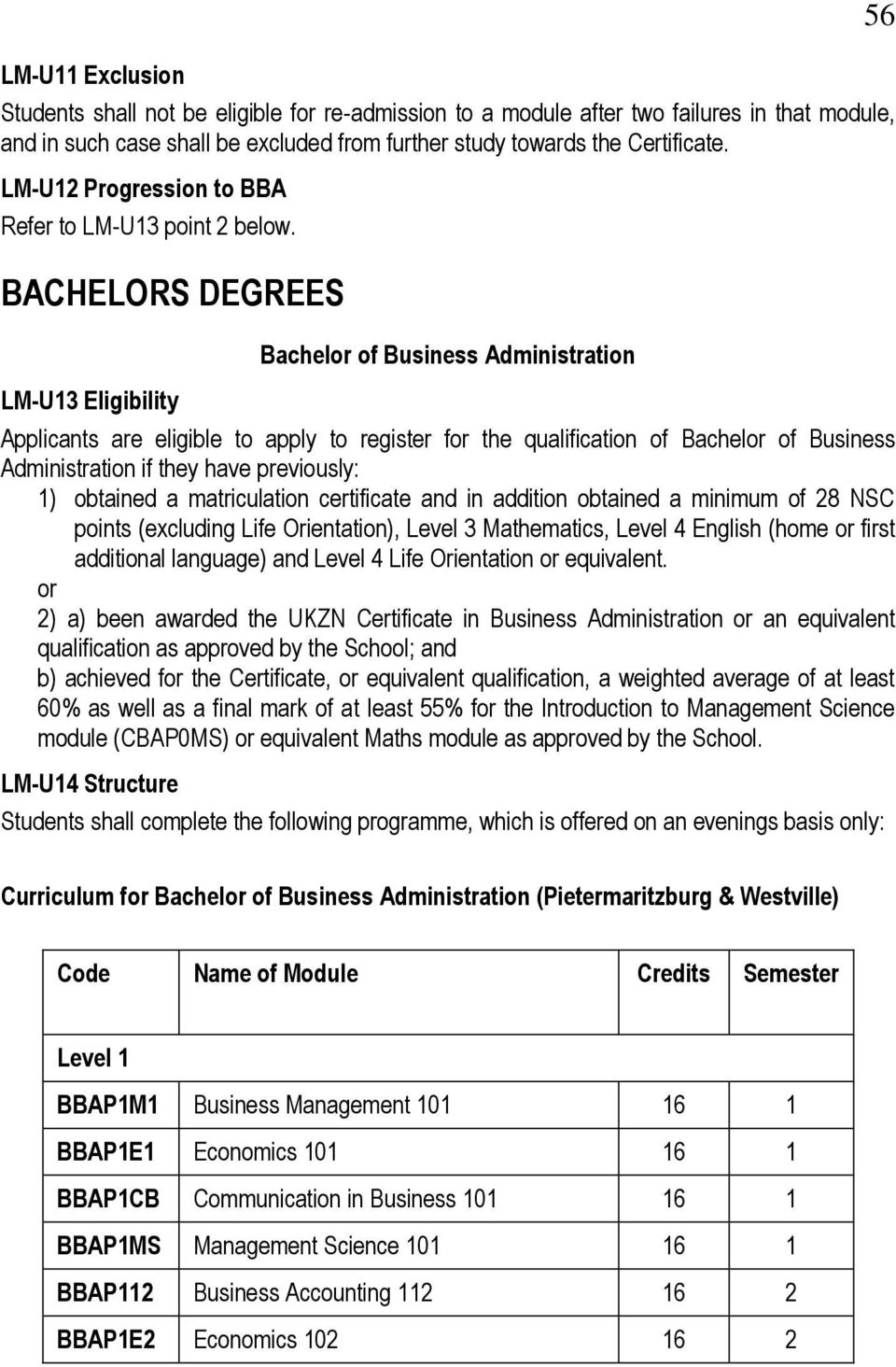 BACHELORS DEGREES LM-U13 Eligibility Bachel of Business Administration Applicants are eligible to apply to register f the qualification of Bachel of Business Administration if they have previously:
