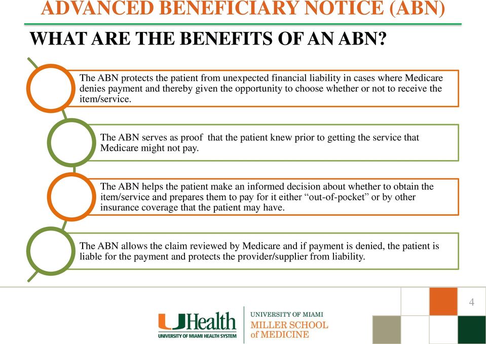 the item/service. The ABN serves as proof that the patient knew prior to getting the service that Medicare might not pay.