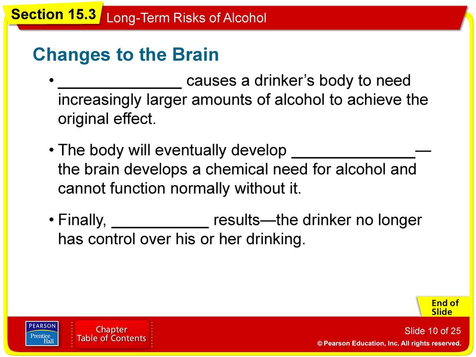 The body will eventually develop the brain develops a chemical need for alcohol and