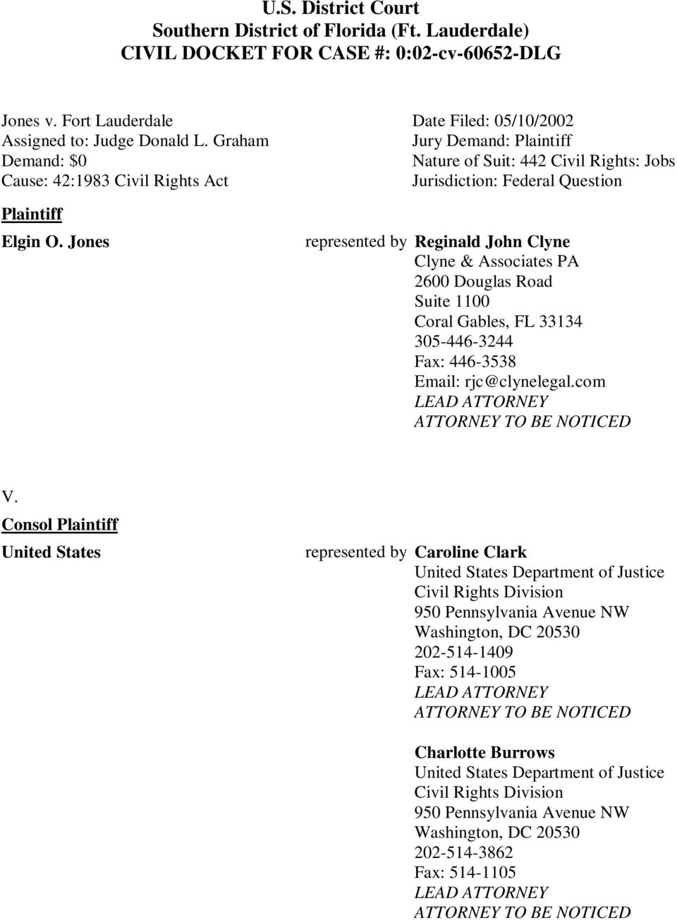 Jones Date Filed: 05/10/2002 Jury Demand: Plaintiff Nature of Suit: 442 Civil Rights: Jobs Jurisdiction: Federal Question represented by Reginald John Clyne Clyne & Associates PA 2600 Douglas Road
