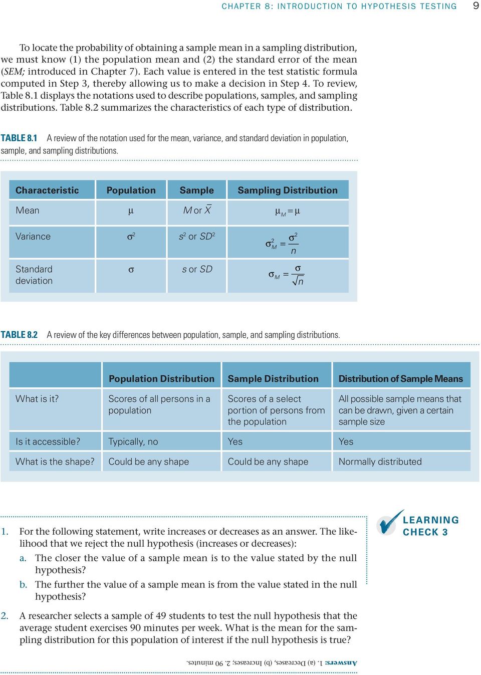 1 displays the notations used to describe populations, samples, and sampling distributions. Table 8.2 summarizes the characteristics of each type of distribution. TABLE 8.