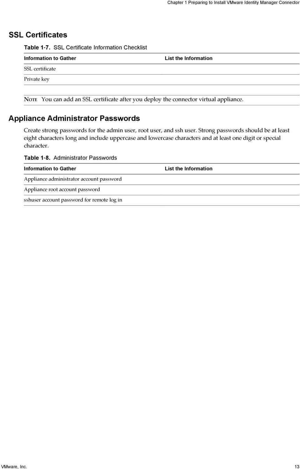appliance. Appliance Administrator Passwords Create strong passwords for the admin user, root user, and ssh user.