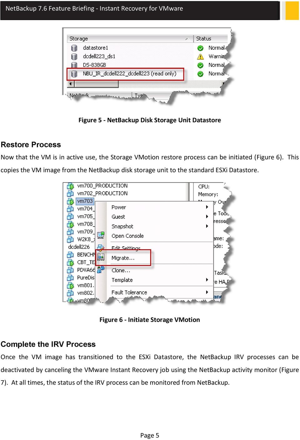 Figure 6 - Initiate Storage VMotion Complete the IRV Process Once the VM image has transitioned to the ESXi Datastore, the NetBackup IRV processes can