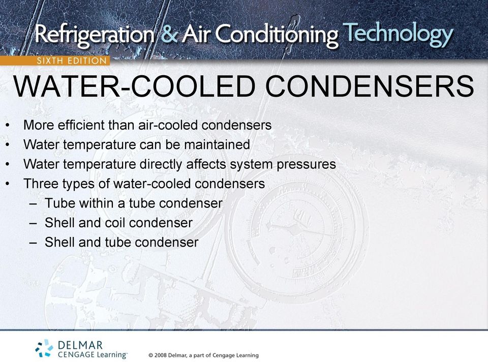 affects system pressures Three types of water-cooled condensers
