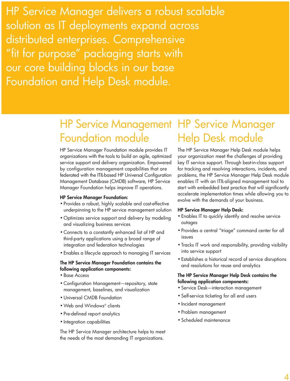 HP Service Foundation module Foundation module provides IT organiza tions with the tools to build an agile, optimized service support and delivery organization.