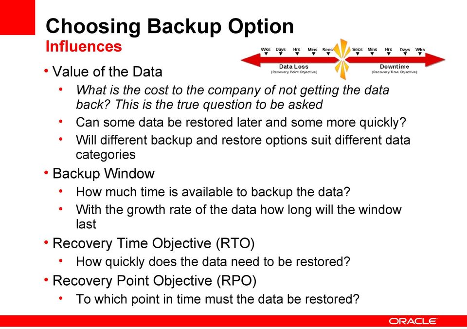 Will different backup and restore options suit different data categories Backup Window How much time is available to backup the data?