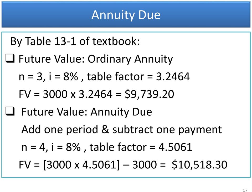 20 Future Value: Annuity Due Add one period & subtract one payment n