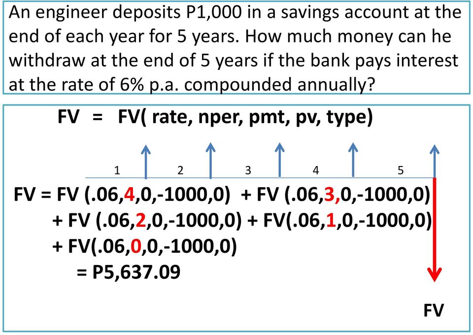 p.a. compounded annually? FV = FV( rate, nper, pmt, pv, type) 1 2 3 4 5 FV = FV (.