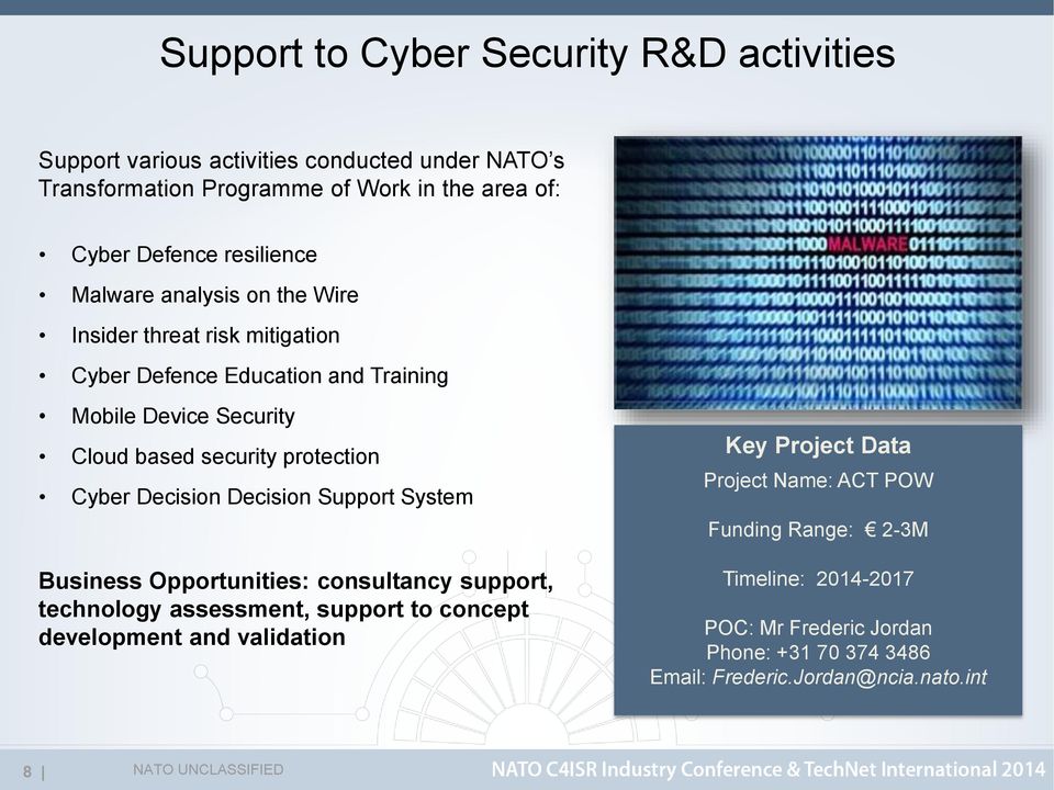 Cyber Decision Decision Support System Business Opportunities: consultancy support, technology assessment, support to concept development and validation Key