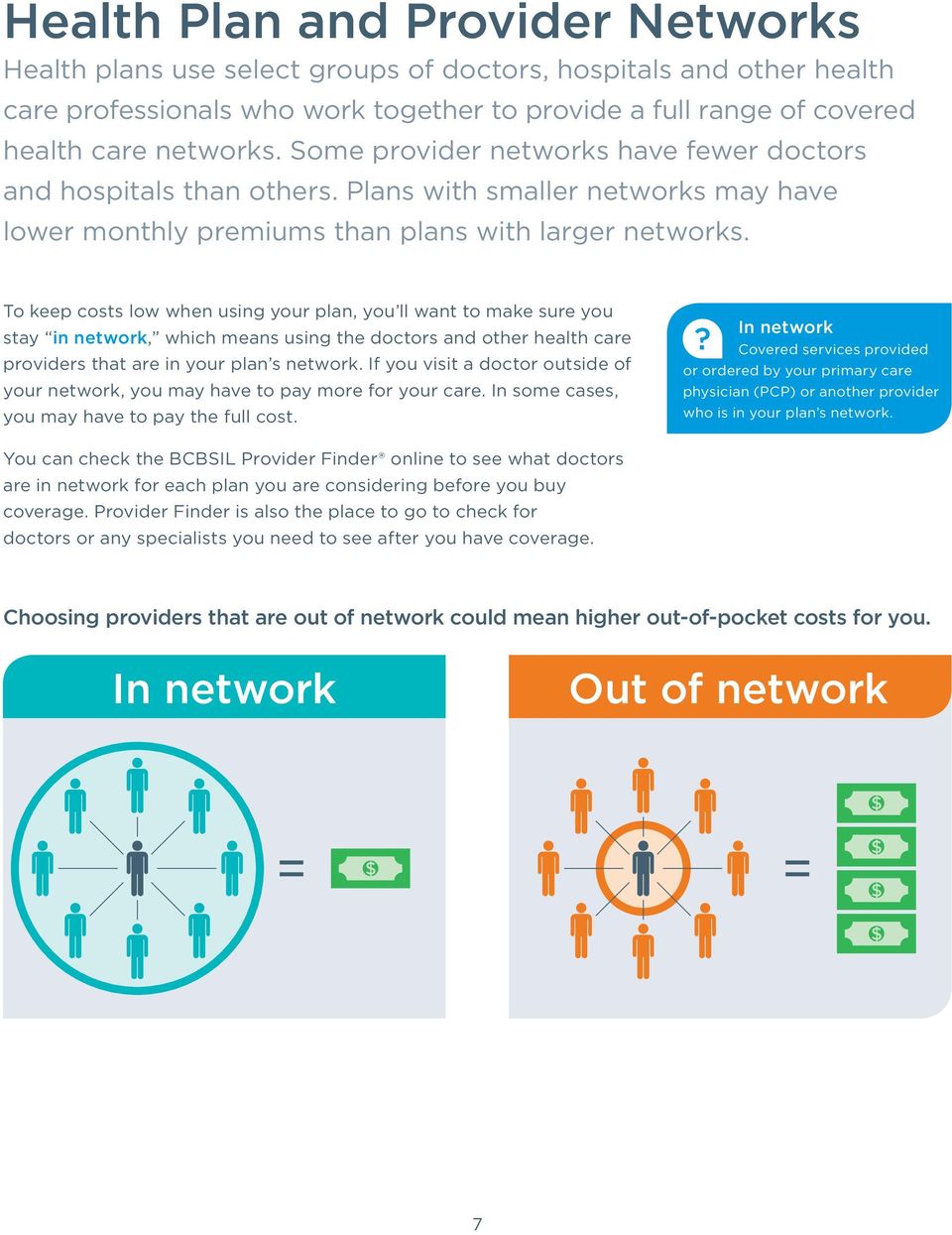 To keep costs low when using your plan, you ll want to make sure you stay in network, which means using the doctors and other health care providers that are in your plan s network.