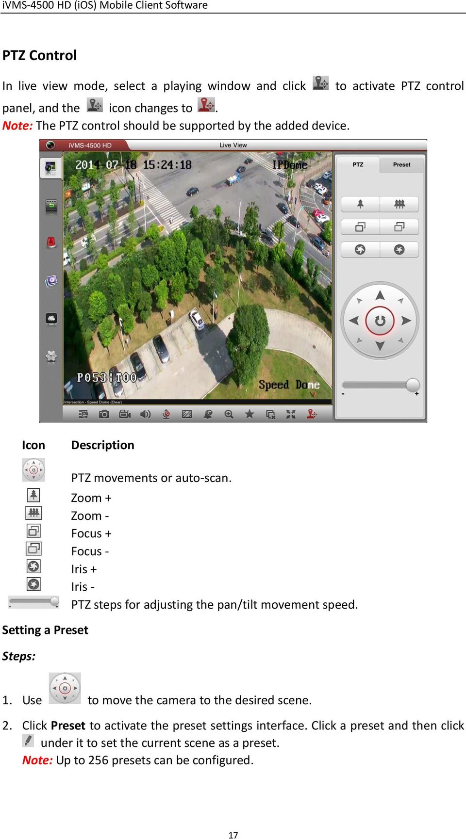 to activate PTZ control Icon Description Setting a Preset PTZ movements or auto-scan.