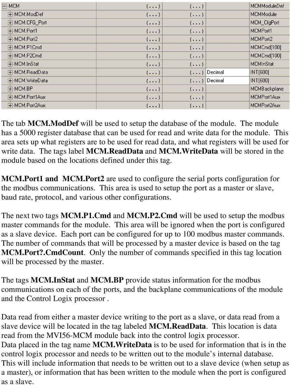 WriteData will be stored in the module based on the locations defined under this tag. MCM.Port1 and MCM.Port2 are used to configure the serial ports configuration for the modbus communications.
