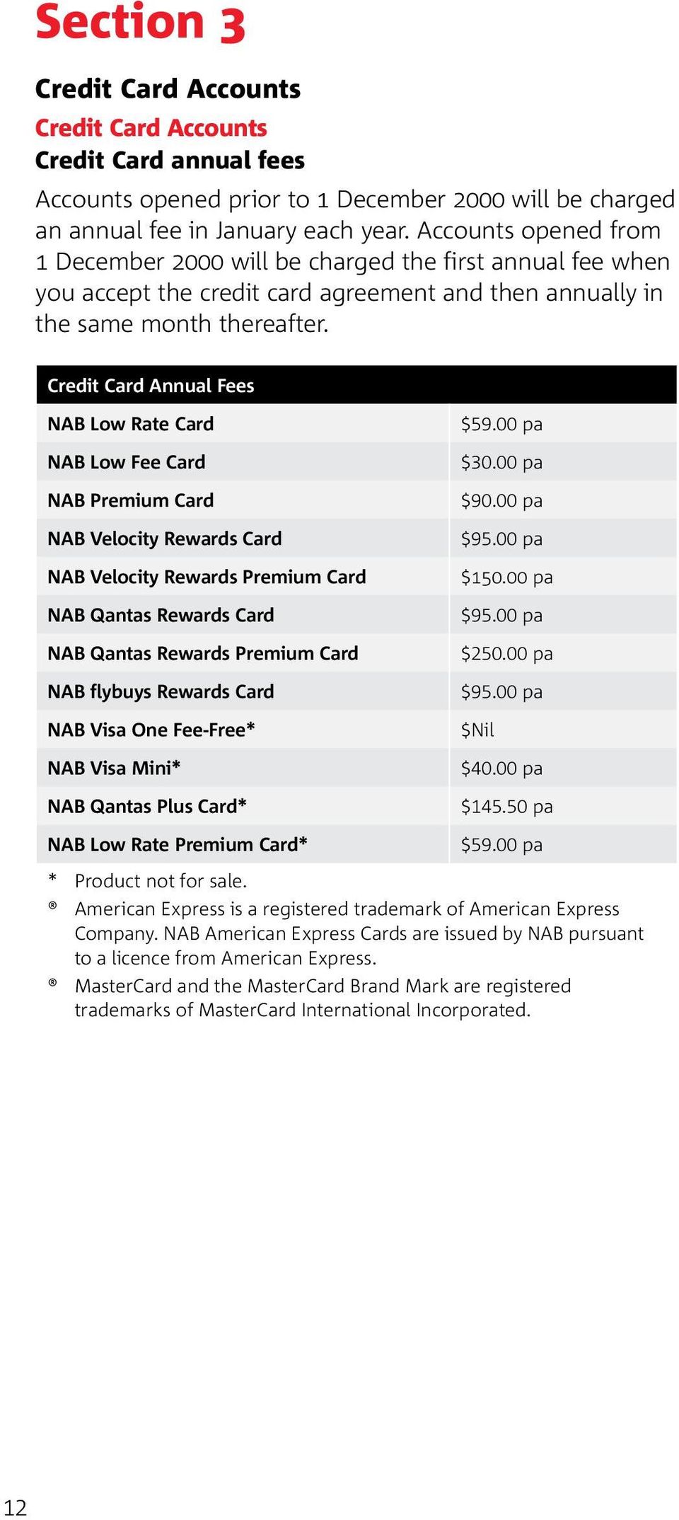 Credit Card Annual Fees NAB Low Rate Card NAB Low Fee Card NAB Premium Card NAB Velocity Rewards Card NAB Velocity Rewards Premium Card NAB Qantas Rewards Card NAB Qantas Rewards Premium Card NAB