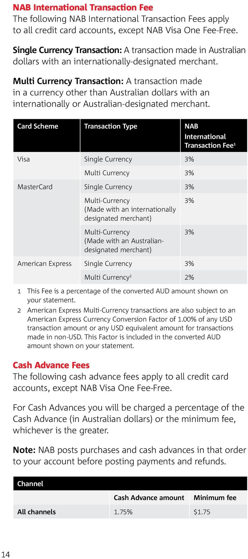 Multi Currency Transaction: A transaction made in a currency other than Australian dollars with an internationally or Australian-designated merchant.
