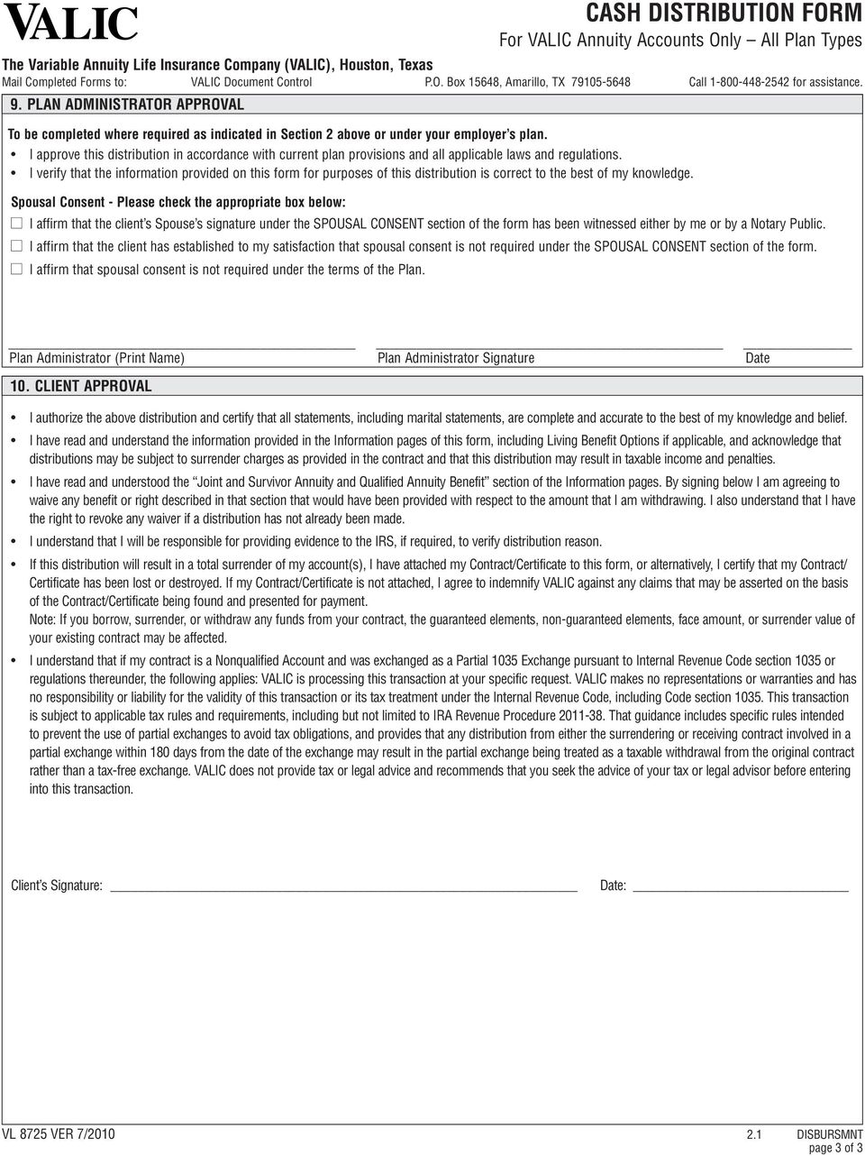 Cash Distribution Form For Valic Annuity Accounts Only All Plan Types Pdf Free Download