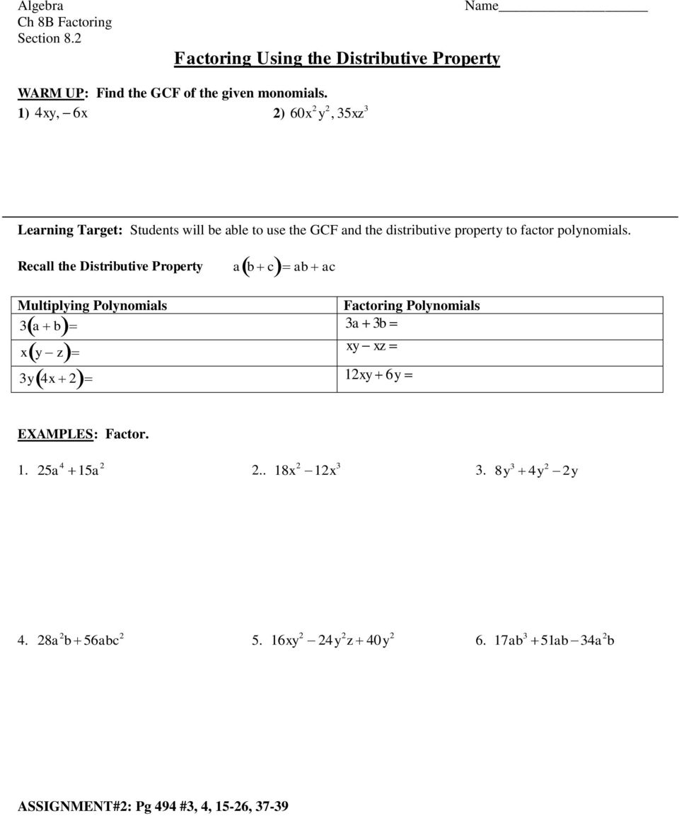 Factoring Algebra- Chapter 23B Assignment Sheet - PDF Free Download Regarding Factoring Distributive Property Worksheet