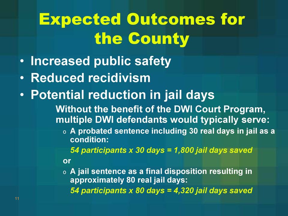 including 30 real days in jail as a condition: 54 participants x 30 days = 1,800 jail days saved or o A jail