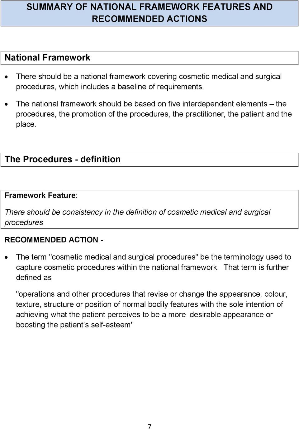 The Procedures - definition Framework Feature: There should be consistency in the definition of cosmetic medical and surgical procedures RECOMMENDED ACTION - The term "cosmetic medical and surgical