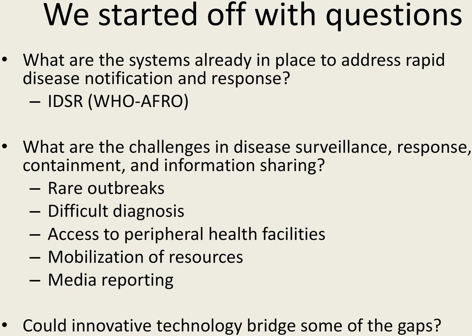 IDSR (WHO-AFRO) What are the challenges in disease surveillance, response, containment, and
