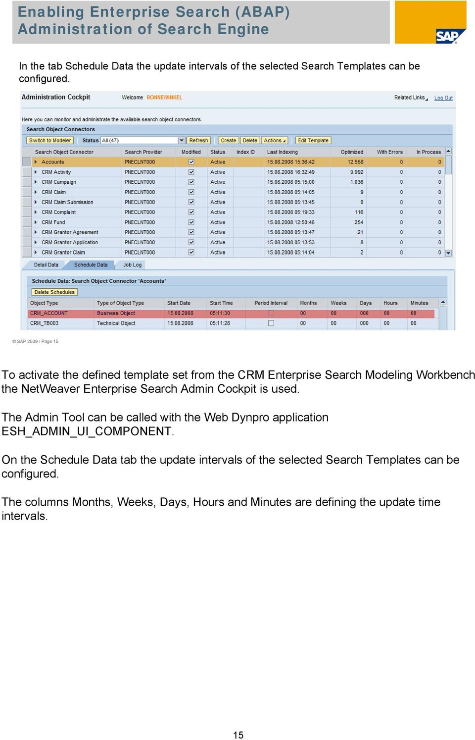 SAP 2009 / Page 15 To activate the defined template set from the CRM Enterprise Search Modeling Workbench the NetWeaver Enterprise Search Admin