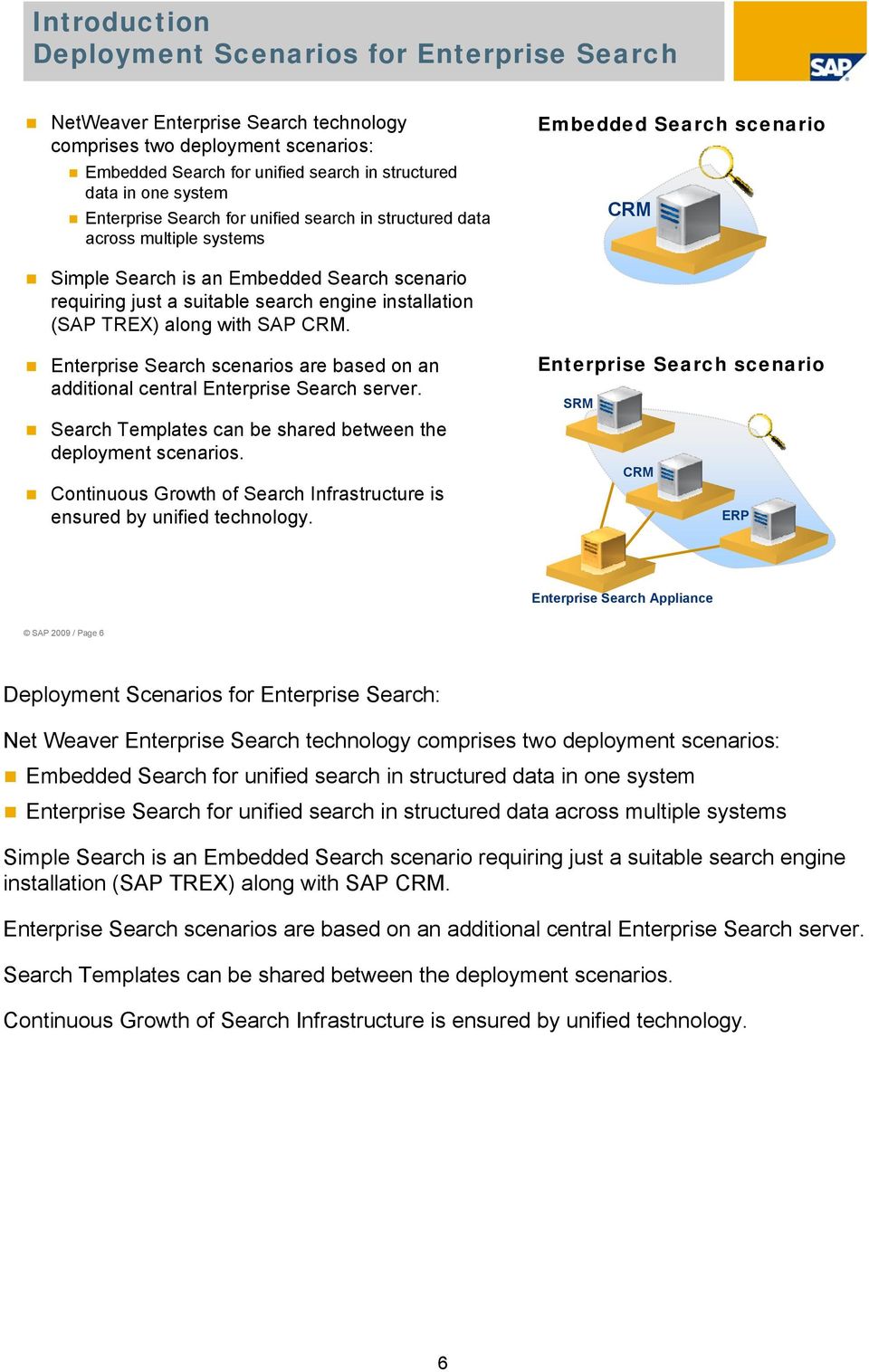 installation (SAP TREX) along with SAP CRM. Enterprise Search scenarios are based on an additional central Enterprise Search server. Search Templates can be shared between the deployment scenarios.