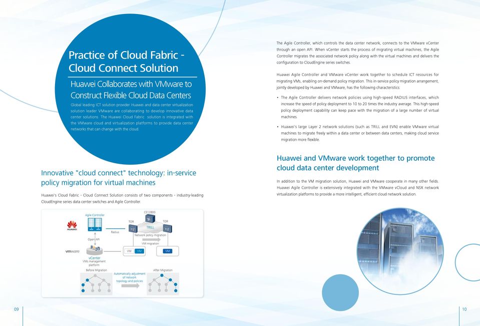 The Huawei Cloud Fabric solution is integrated with the VMware cloud and virtualization platforms to provide data center networks that can change with the cloud.