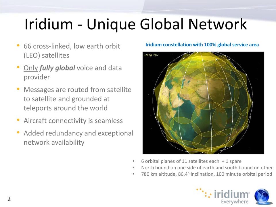 redundancy and exceptional network availability Iridium constellation with 100% global service area 6 orbital planes of 11