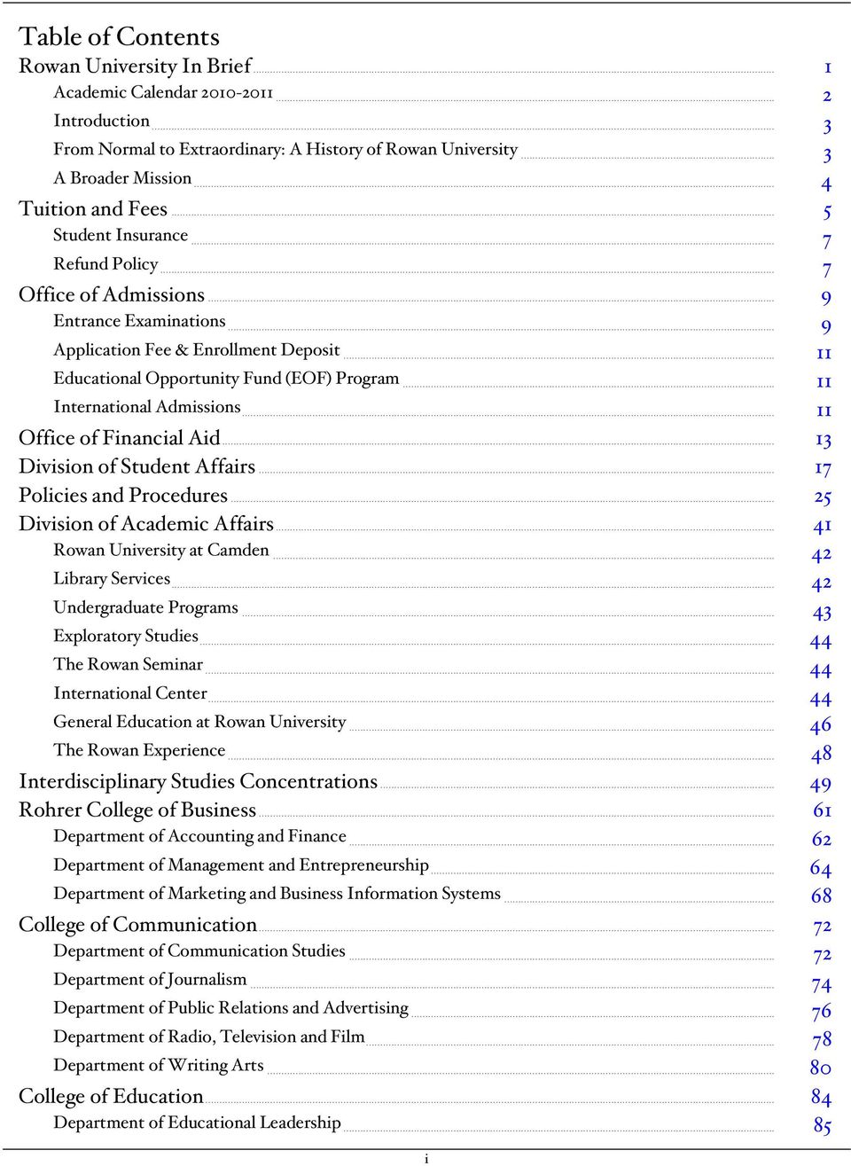 Table Of Contents Rowan University In Brief Pdf Free Download