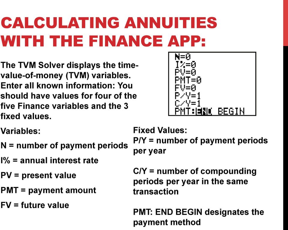 Variables: N = number of payment periods I% = annual interest rate PV = present value PMT = payment amount FV = future value