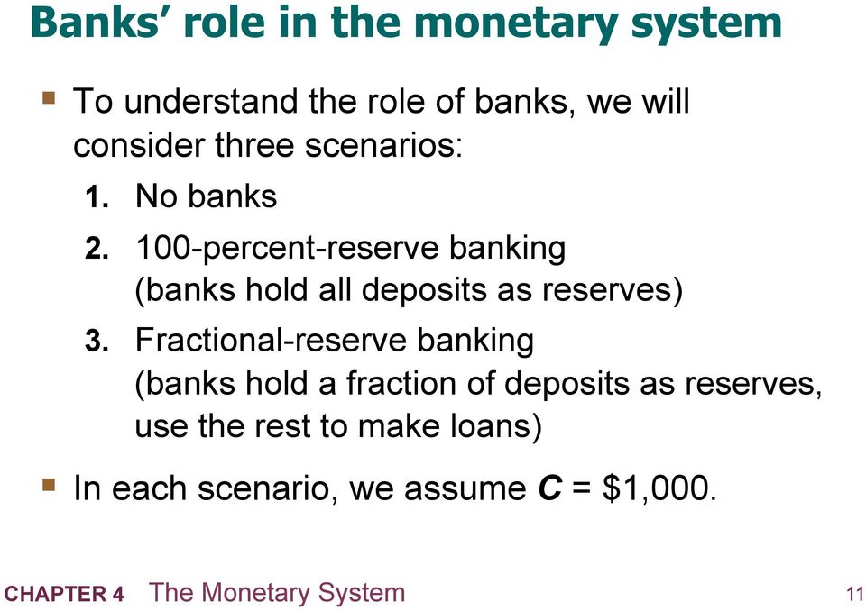 100-percent-reserve banking (banks hold all deposits as reserves) 3.