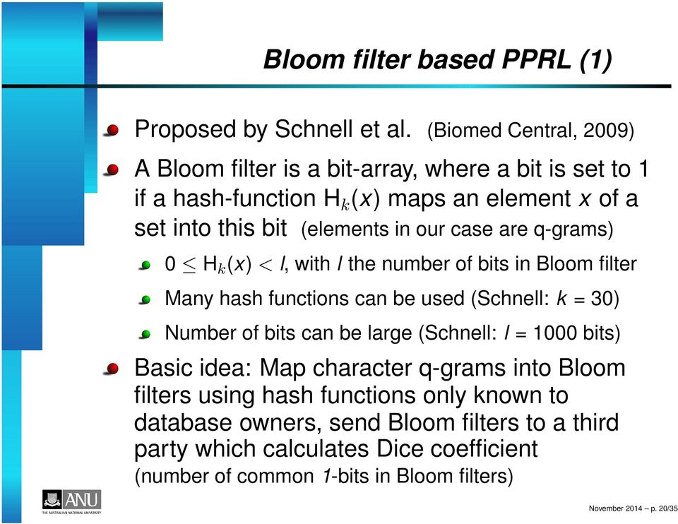 our case are q-grams) 0 H k (x) < l, with l the number of bits in Bloom filter Many hash functions can be used (Schnell: k = 30) Number of bits can be large