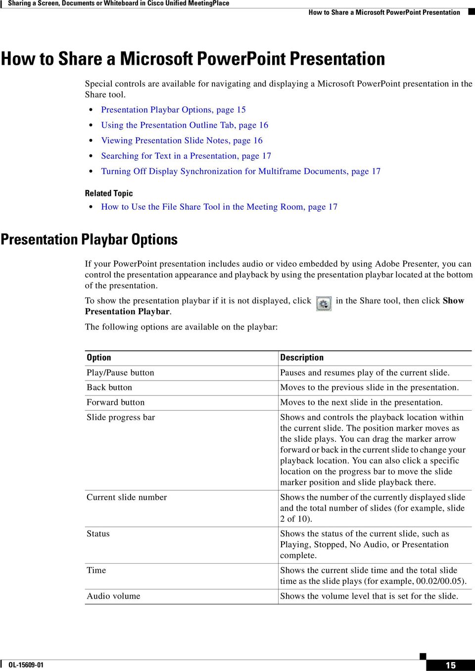 Presentation Playbar Options, page 15 Using the Presentation Outline Tab, page 16 Viewing Presentation Slide Notes, page 16 Searching for Text in a Presentation, page 17 Turning Off Display