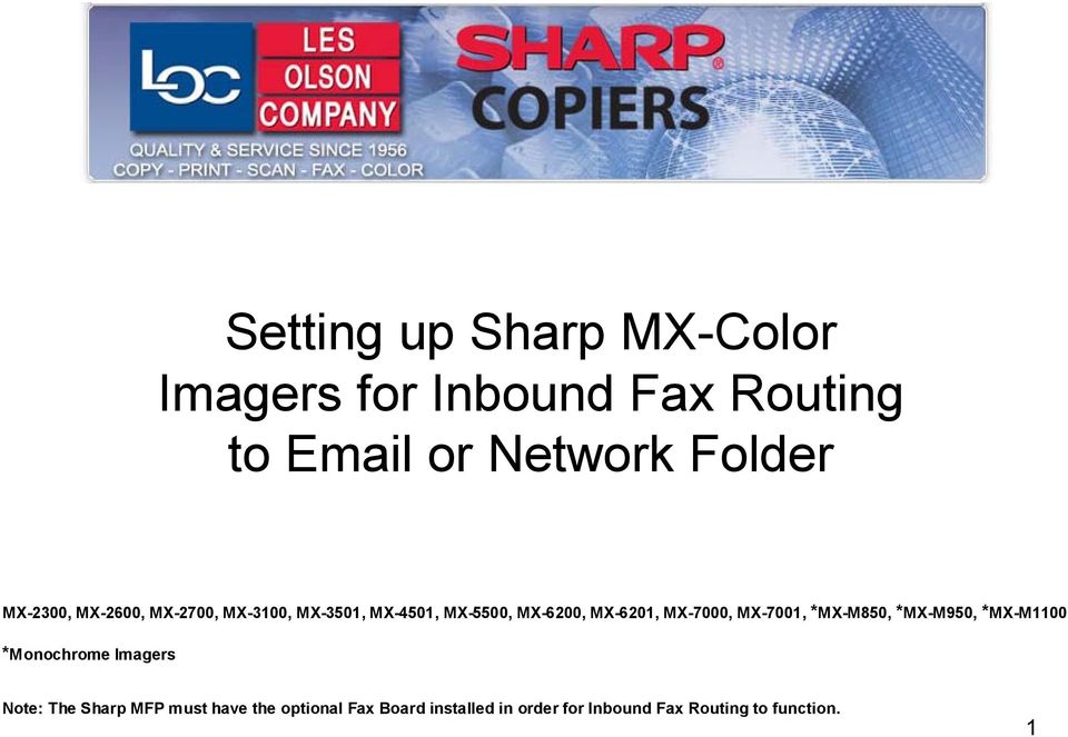 MX-7000, MX-7001, *MX-M850, *MX-M950, *MX-M1100 *Monochrome Imagers Note: The Sharp