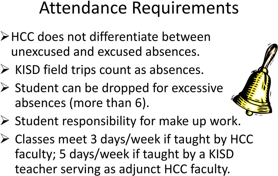 Student can be dropped for excessive absences (more than 6).