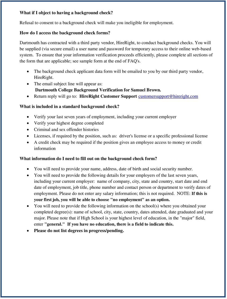 Dartmouth College Background Check FAQ's - PDF Free Download