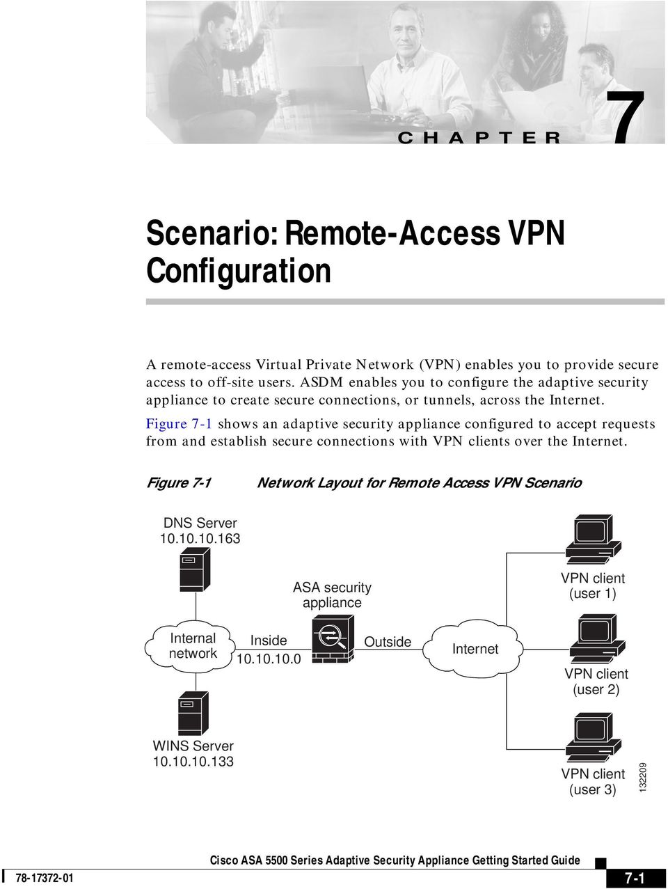 Figure 7-1 shows an adaptive security appliance configured to accept requests from and establish secure connections with VPN clients over the Internet.